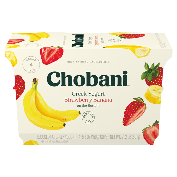 Yogurt Chobani Yogurt, Greek, Reduced Fat, Strawberry Banana on the Bottom, Value 4 Pack hero