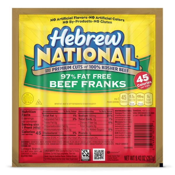 Hot Dogs, Bacon & Sausage Hebrew National 97% Fat Free Beef Franks Hot Dogs hero