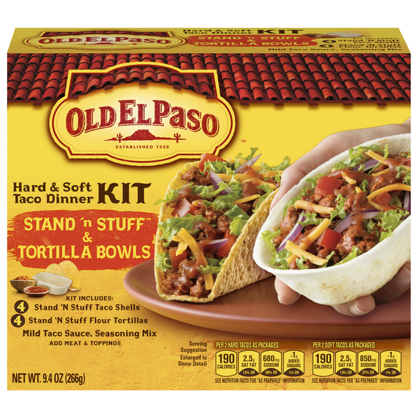 Latin Foods Old El Paso Taco Dinner Kit, Stand 'n Stuff & Tortilla Bowls, Hard & Soft hero