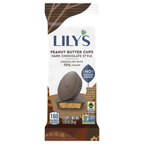 Juice & Nectars Lily's Dark Chocolate Style Peanut Butter Cups No Sugar Added Sweets hero