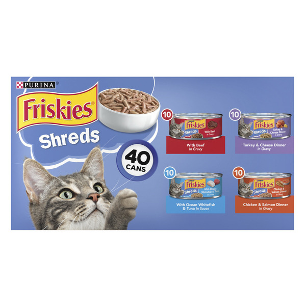 Cat Food & Care Purina Friskies Wet Cat Food , Shreds Beef, Turkey, Whitefish, and Chicken & Salmon hero