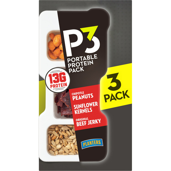 Nuts, Seeds & Dried Fruit P3 Portable Protein Snack Pack with Chipotle Peanuts, Sunflower Kernels & Original Beef Jerky hero