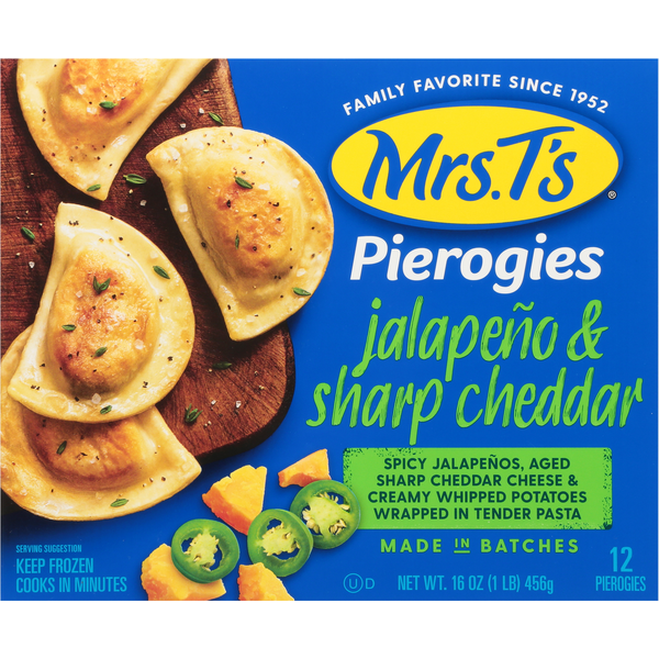 Frozen Appetizers & Sides Mrs. T's Pierogies, Jalapeno & Sharp Cheddar hero