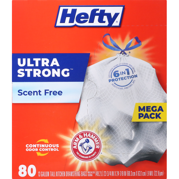 Trash Bags & Liners Hefty Tall Kitchen Bags, Drawstring, Scent Free, 13 Gallon, Mega Pack hero