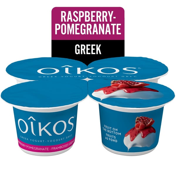 Yogurt Oikos Greek Yogurt, Raspberry-Pomegranate Flavour, Fruit On Bottom, 2% M.F. hero