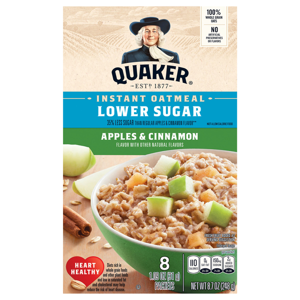 Cereal Quaker Instant Oatmeal, Lower Sugar, Apples & Cinnamon hero