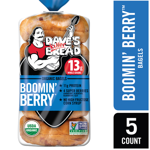 Breakfast Bakery Dave's Killer Bread Organic Boomin Berry Bagels hero