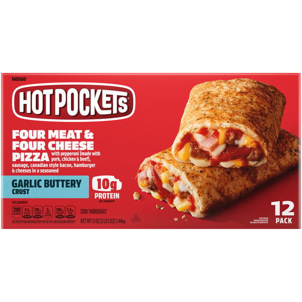 Frozen Appetizers & Sides Hot Pockets Four Meat and Four Cheese Pizza Garlic Buttery Crust Frozen Snacks hero