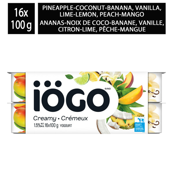 Yogurt iÖGO 1.5% Pineapple-Coconut-Banana, Raspberry, Orange-Mandarin, Peach-Mango Yogurt hero