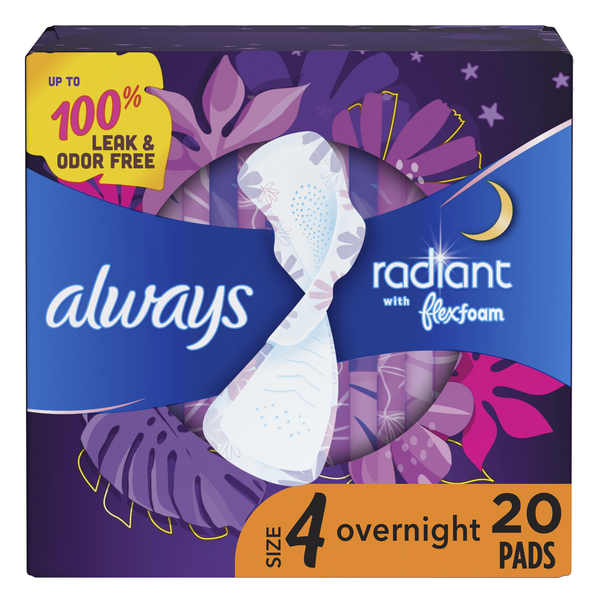 Always Radiant Feminine Pads for Women, Size 4 Overnight, with wings, scented hero