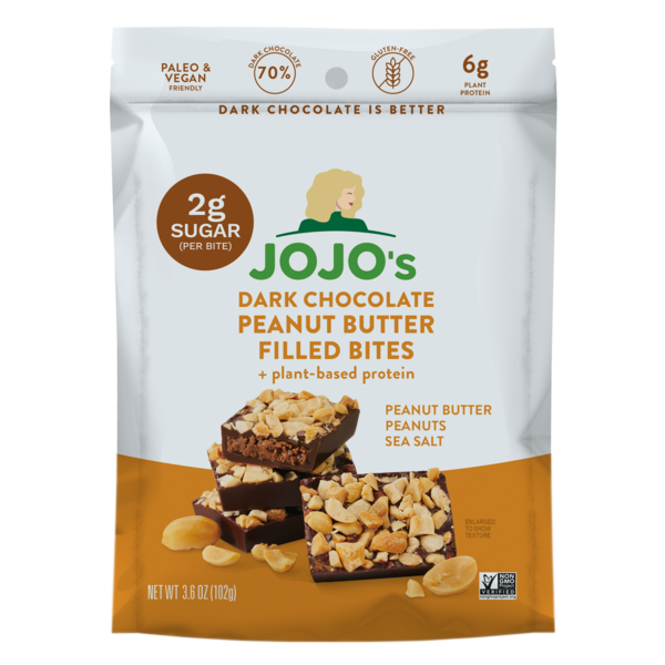 Energy & Granola Bars JOJO's Chocolate Dark Chocolate Bites Peanut Butter Filled + Plant-Based Protein hero