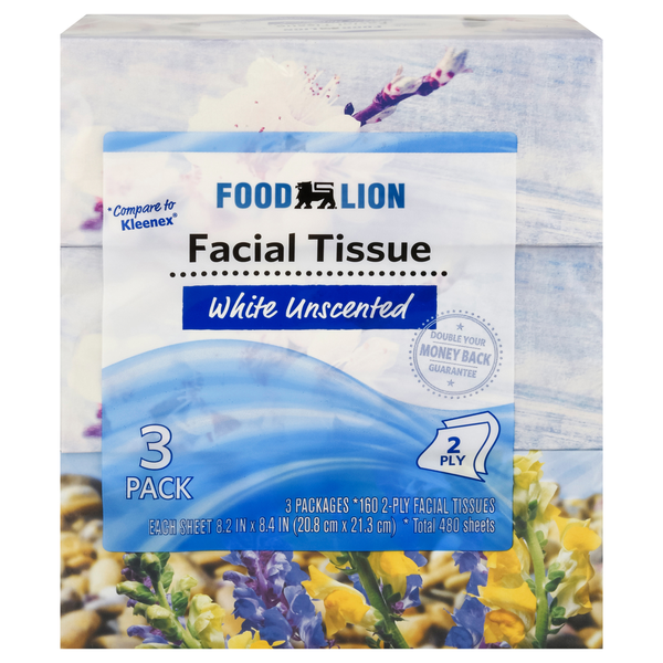 Paper Goods Food Lion Facial Tissues, White, Unscented, 2-Ply, 3 Pack hero