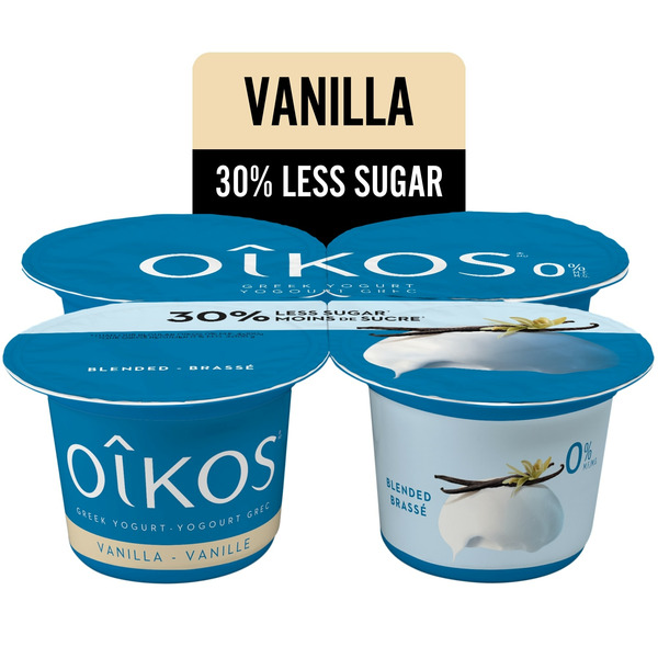 Yogurt Oikos Fat Free Greek Yogurt, 30% Less Sugar, Vanilla Flavour, Blended hero