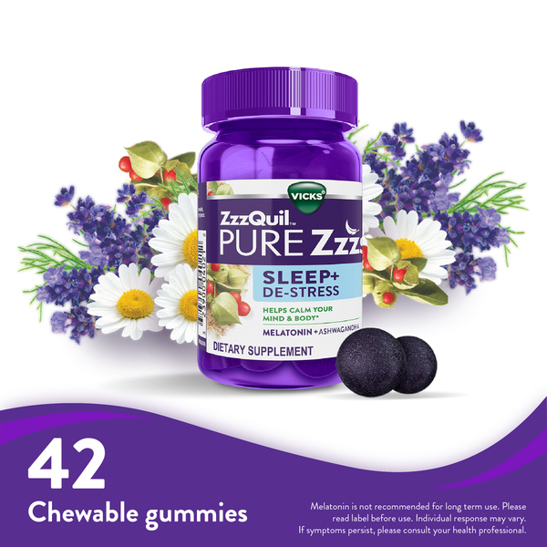 Vitamins & Supplements Vicks PURE Zzzs De-Stress Melatonin Sleep Aid Gummies, Dietary Supplement hero