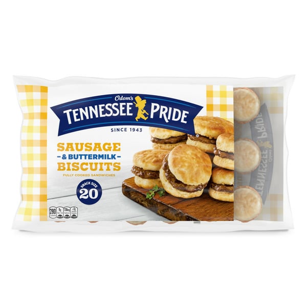 Frozen Breakfast Odom's Tennessee Pride Sausage and Buttermilk Biscuits, Snack Size Frozen Breakfast Sandwiches hero