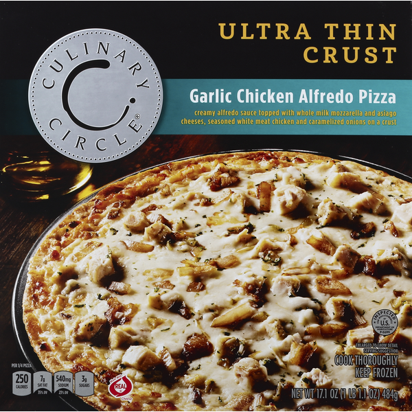 Frozen Pizza Culinary Circle Pizza, Ultra Thin Crust, Garlic Chicken Alfredo hero