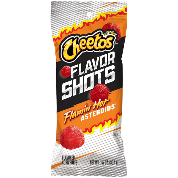 Chips & Pretzels Cheetos Flavor Shots Corn Puffs Flamin Hot Asteroids hero