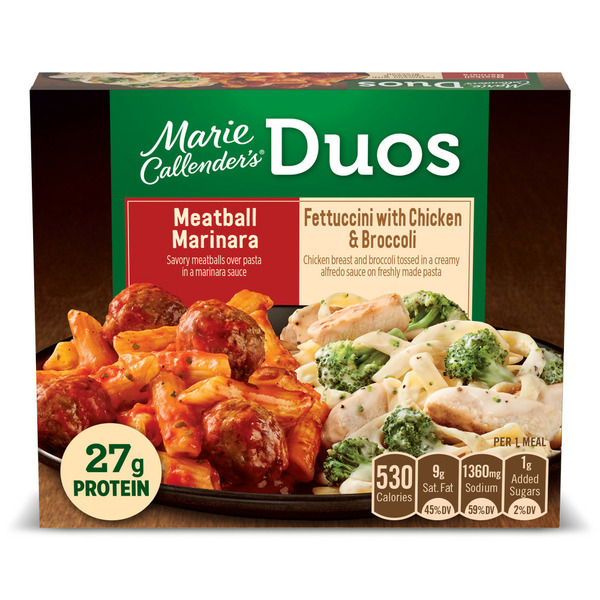 Marie Callender's Duos, Meatball Marinara & Fettuccini with Chicken & Broccoli, Frozen Meal hero