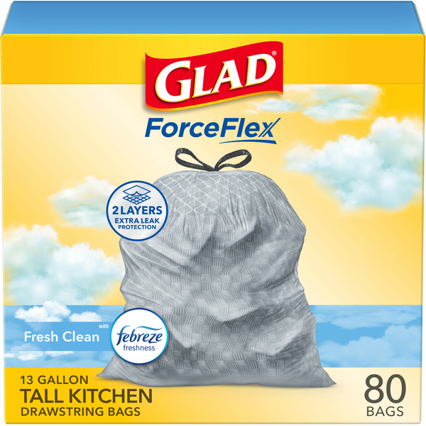 Trash Bags & Liners Glad ForceFlex Tall Kitchen Drawstring Trash Bags, 13 Gallon, Fresh Clean Scent hero