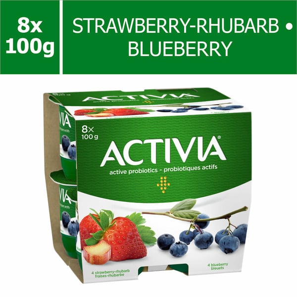 Yogurt Activia Probiotic Yogurt, 4 Blueberry, 4 Strawberry & Rhubarb hero