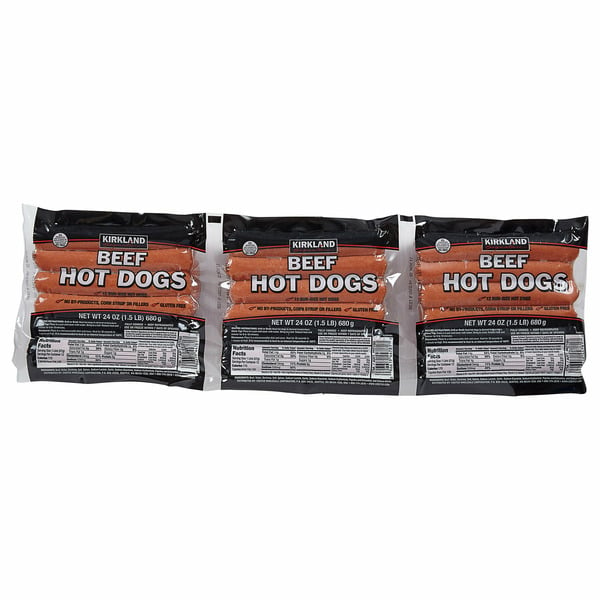 Hot Dogs, Bacon & Sausage Kirkland Signature Beef Hot Dogs, 3 x 1.5 lb hero