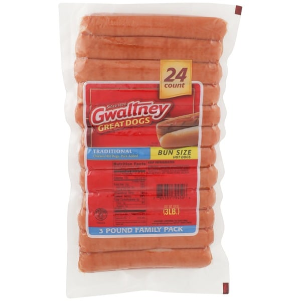 Hot Dogs, Bacon & Sausage Gwaltney Traditional Chicken Hot Dogs, Bun Size hero