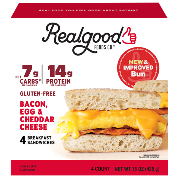 Frozen Breakfast Real Good Foods Low Carb Bacon, Egg, & Cheese Breakfast Sandwich hero