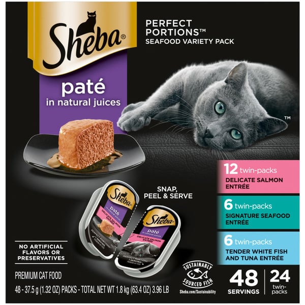 Cat Food & Care SHEBA PERFECT PORTIONS Cat Food, Premium, Pate in Natural Juices, Seafood Variety Pack hero