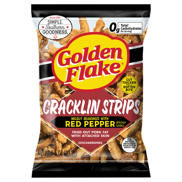 Chips & Pretzels Golden Flake Chicharonnes, Red Pepper, Cracklin Strips hero