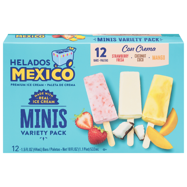 Ice Cream & Ice Helados Mexico Ice Cream Bars, Strawberry/Coconut/Mango, Minis, Variety Pack hero