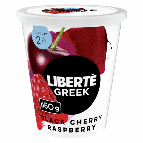 Yogurt Liberté Greek 2% Extra Fruit Black Cherry Raspberry, High Protein hero