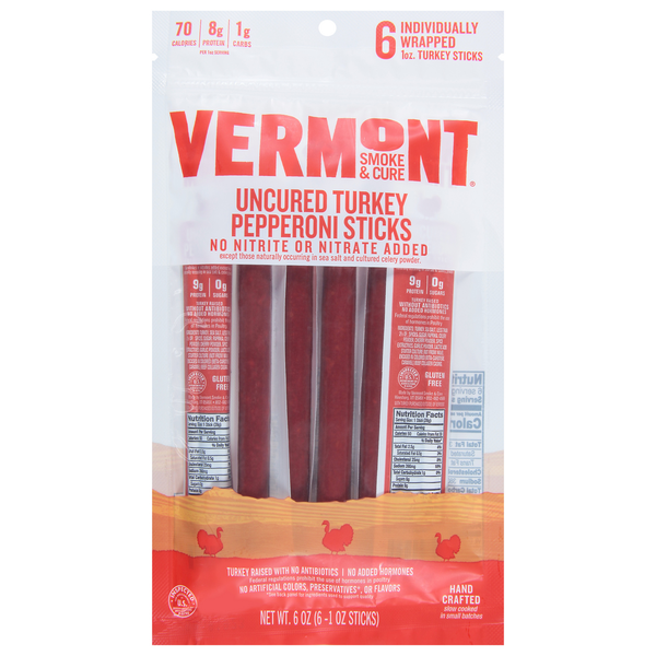 Packaged Meat Vermont Smoke & Cure Turkey Pepperoni Sticks, Uncured hero