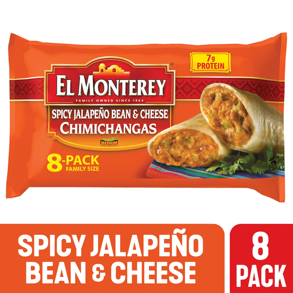 Frozen Meals El Monterey Medium Jalapeño Bean & Cheese Chimichangas hero