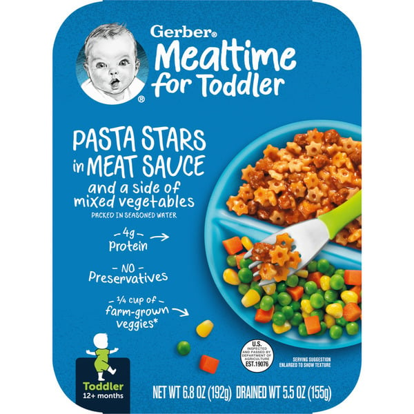 Baby Food & Formula Gerber Pasta Stars In Meat Sauce And A Side Of Mixed Vegetables Toddler Food Tray hero