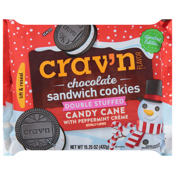 Cookies & Cakes Crav'n Flavor Sandwich Cookies, Chocolate, Candy Cane with Peppermint Creme, Double Stuffed hero