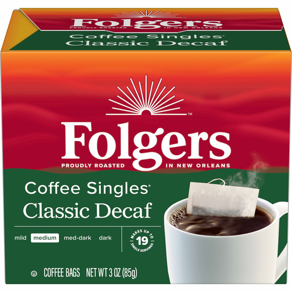 Coffee Folgers Coffee Singles, Classic Decaf Coffee Bags, Medium Roast hero