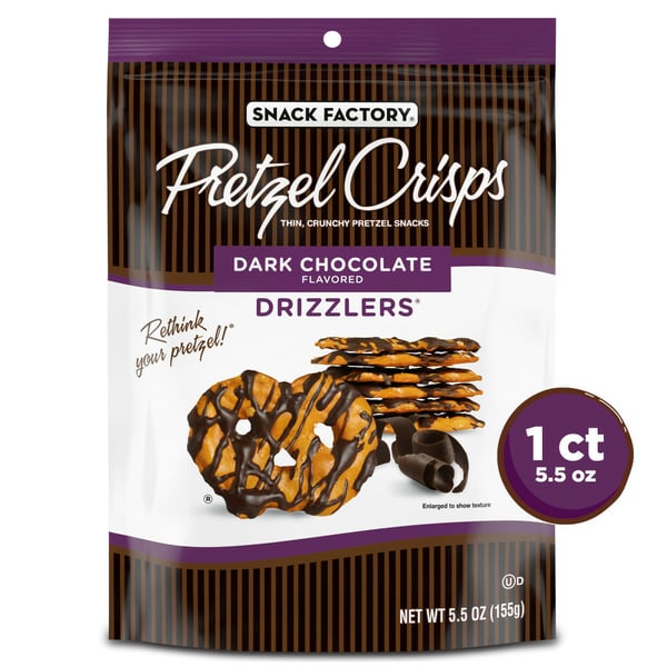 Chips & Pretzels Snack Factory Dark Chocolate Drizzled Pretzel Crisps hero