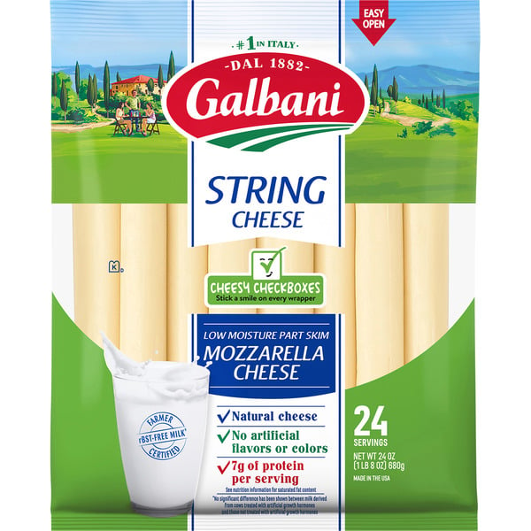 Packaged Cheese Galbani Low Moisture Part Skim Mozzarella String Cheese hero