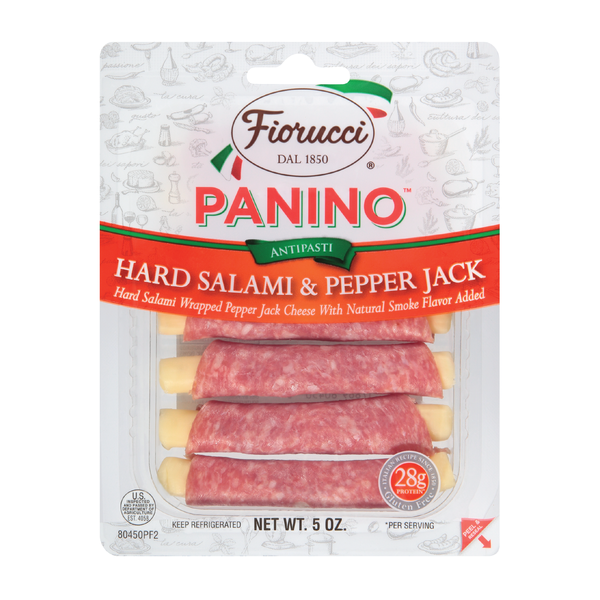 Deli Meat & Cheese Fiorucci Hard Salami Wrapped Pepper Jack Cheese Panino,  Easy to Open Packets,  Resealable Package hero