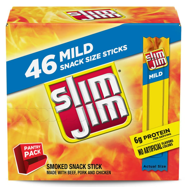 Popcorn & Jerky Slim Jim Mild Snack-Sized Smoked Meat Sticks hero