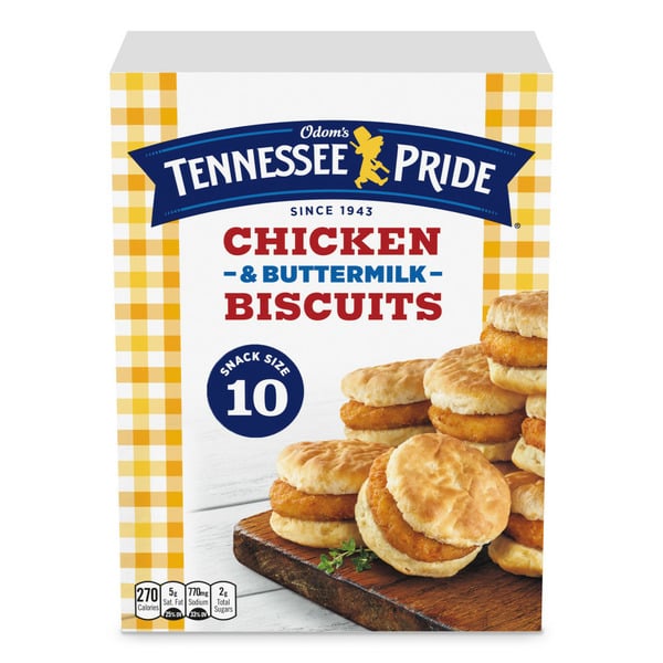 Frozen Breakfast Odom's Tennessee Pride Chicken and Buttermilk Biscuits, Snack Size Frozen Breakfast Sandwiches hero