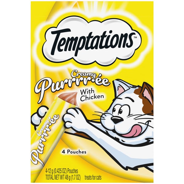 Cat Food TEMPTATIONS Creamy Puree with Chicken Lickable Squeezable Cat Treats hero