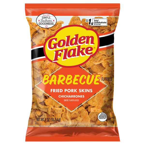 Chips & Pretzels Golden Flake Chicharrones, Fried Pork Skins, Barbecue Flavored hero