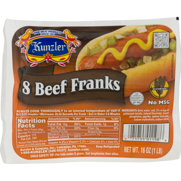 Hot Dogs, Bacon & Sausage Kunzler Franks Beef hero