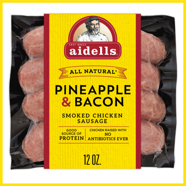 Hot Dogs, Bacon & Sausage Aidells Smoked Chicken Sausage, Pineapple & Bacon, 12 oz. (4 Fully Cooked Links) hero