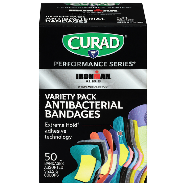 First Aid CURAD Bandages, Antibacterial, Variety Pack hero