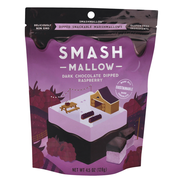 Candy & Chocolate Smashmallow Marshmallows, Snackable, Dark Chocolate Dipped Raspberry hero