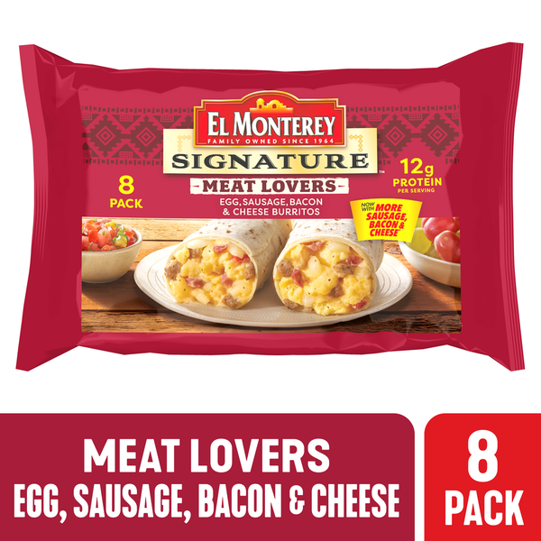 Breakfast El Monterey Burritos, Egg, Sausage, Bacon & Cheese, Meat Lovers hero