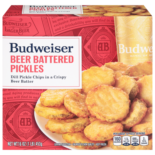 Frozen Meals Budweiser Pickles, Beer Battered hero