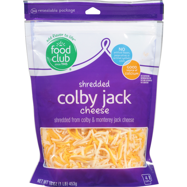 Packaged Cheese Food Club Shredded Cheese, Colby Jack hero